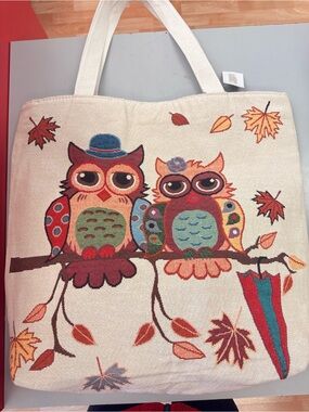 Autumn Canvas Tote Bag with Colorful Owl Print - Cream